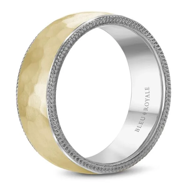 yellow gold wedding band with a hammered white gold center and milgrain detailing Image 2 Frontenac Jewellers Kingston, ON
