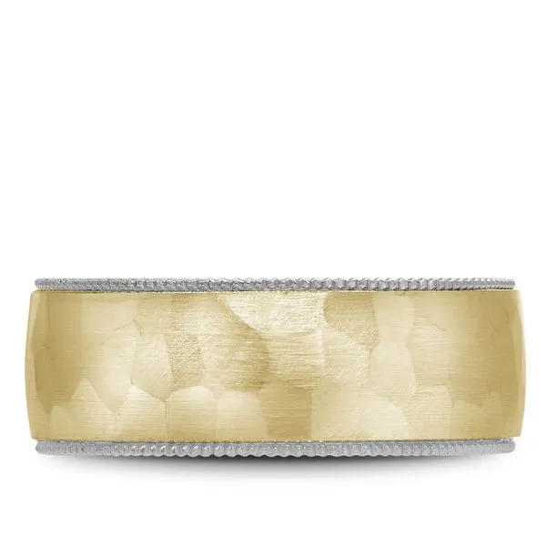 yellow gold wedding band with a hammered white gold center and milgrain detailing Frontenac Jewellers Kingston, ON
