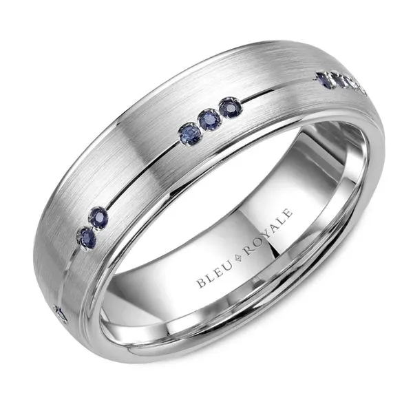 White gold wedding band with a brushed finish and 10 round blue sapphires Frontenac Jewellers Kingston, ON