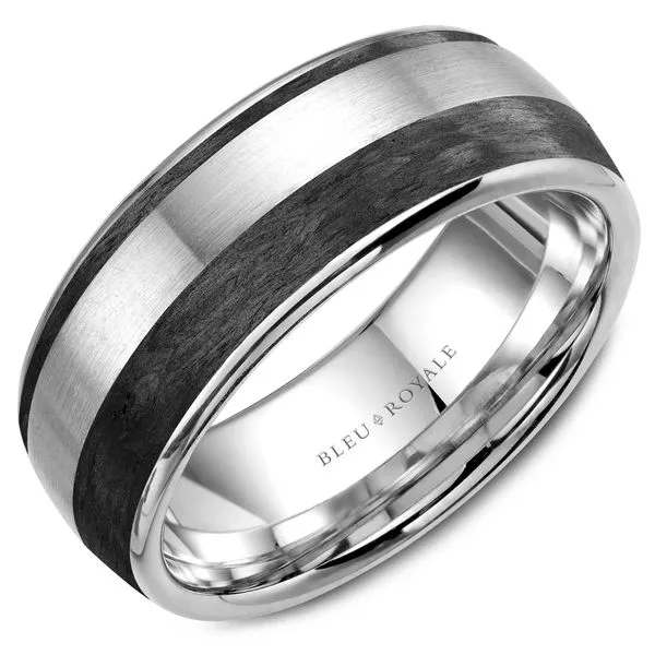 White gold wedding band with a brushed finish and black carbon accents Frontenac Jewellers Kingston, ON