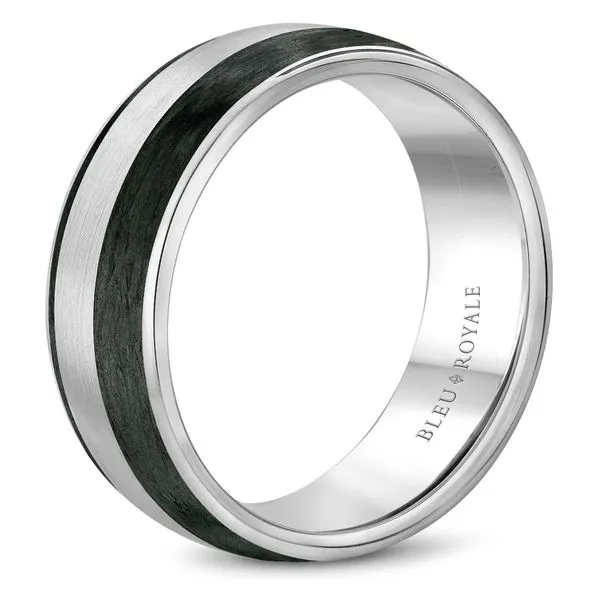 White gold wedding band with a brushed finish and black carbon accents Image 2 Frontenac Jewellers Kingston, ON