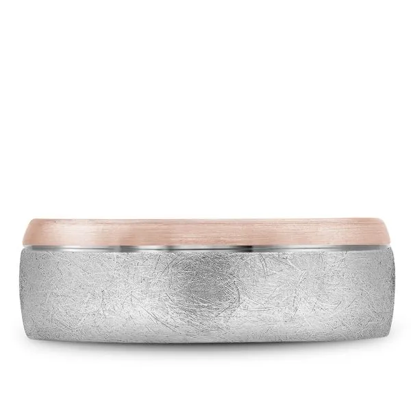 white and rose gold wedding band with a diamond brushed center and polished edges Image 2 Frontenac Jewellers Kingston, ON