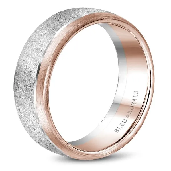 white and rose gold wedding band with a diamond brushed center and polished edges Image 3 Frontenac Jewellers Kingston, ON