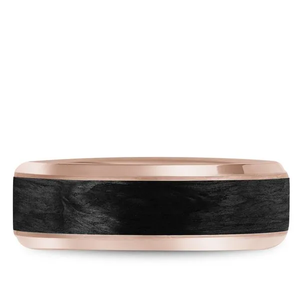 Rose gold wedding band with a black carbon center and beveled edges Image 2 Frontenac Jewellers Kingston, ON