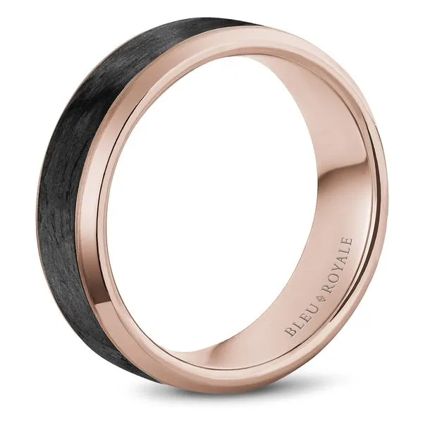 Rose gold wedding band with a black carbon center and beveled edges Image 3 Frontenac Jewellers Kingston, ON