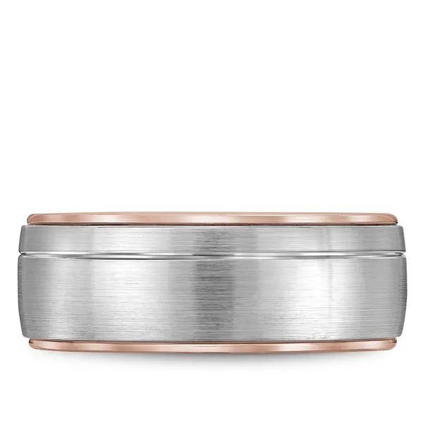 Rose gold wedding band with a white gold brushed center and line detailing Image 4 Frontenac Jewellers Kingston, ON