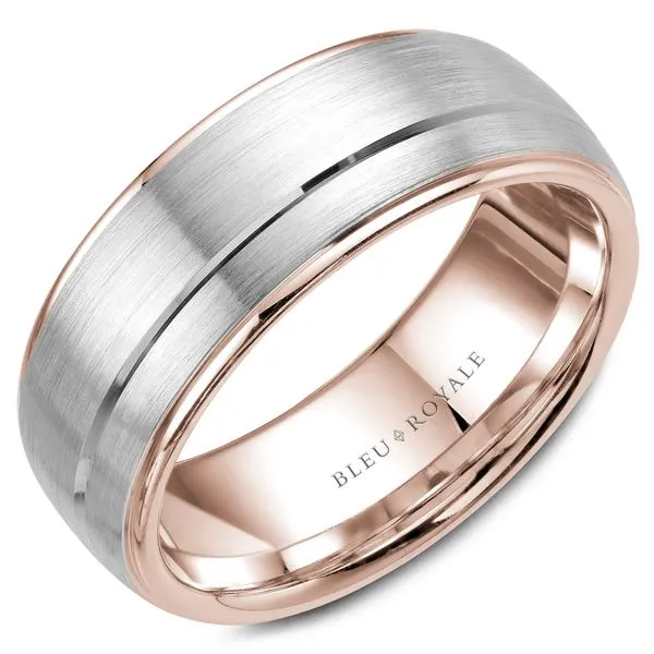 Rose gold wedding band with a white gold brushed center and line detailing Frontenac Jewellers Kingston, ON