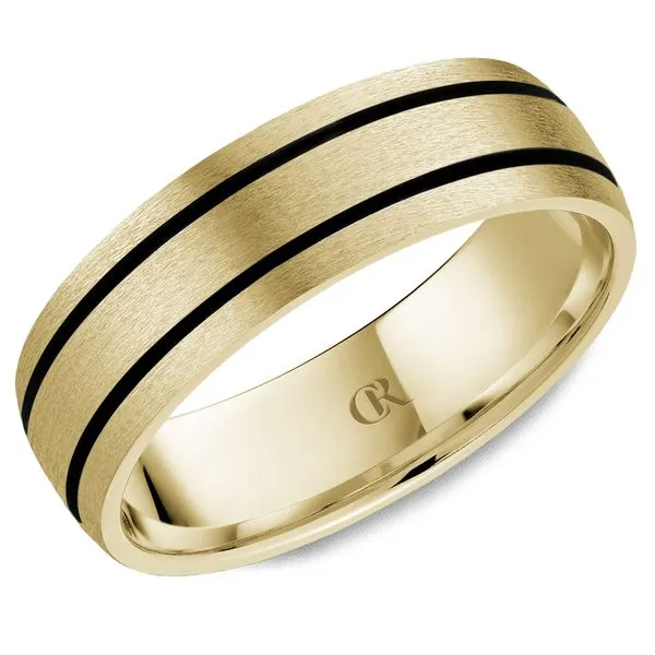 Men's 14K Yellow Gold Ring – 7mm Sandpaper Finish with Carbon Fiber Inlay Frontenac Jewellers Kingston, ON
