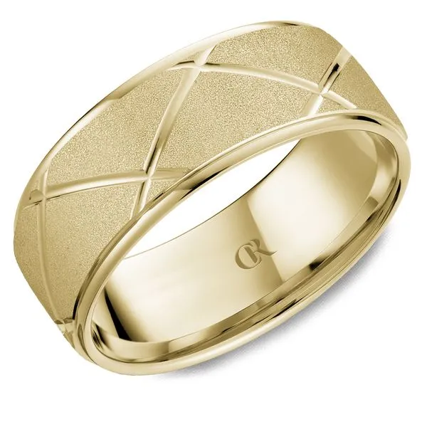 14K Yellow Gold 8mm Men’s Sandblast Criss-Cross Pattern Ring Frontenac Jewellers Kingston, ON