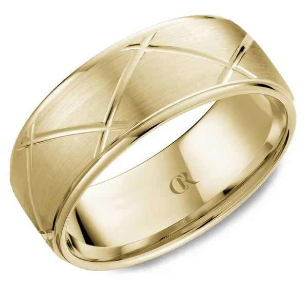 14K Yellow Gold 8mm Men’s Sandpaper Finish Criss-Cross Pattern Ring Frontenac Jewellers Kingston, ON