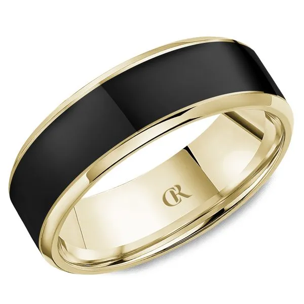 7mm Two-Tone Men's Wedding Band with Black Center and Polished Yellow Gold Edges Frontenac Jewellers Kingston, ON