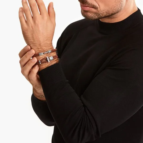 Silver double bracelet with braided, brown leather Image 2 Frontenac Jewellers Kingston, ON