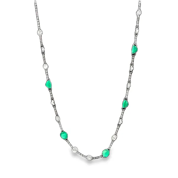 18K White Lab Diamond & Lab Emerald Station Necklace Galicia Fine Jewelers Scottsdale, AZ