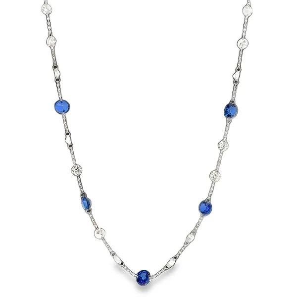 18 Karat White Gold Lab Diamond & Lab Sapphire Station Necklace Galicia Fine Jewelers Scottsdale, AZ