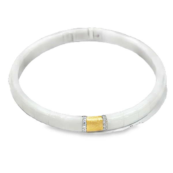 18K Yellow Gold White Ceramic Matte Bangles with Diamond Section Galicia Fine Jewelers Scottsdale, AZ
