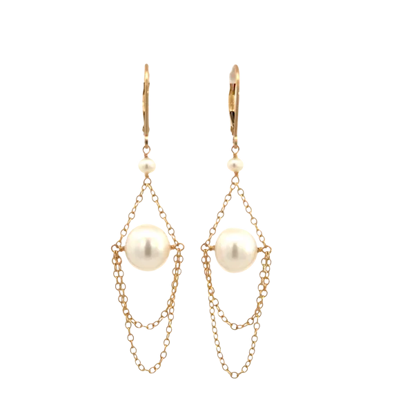 White Pearl Gold Chain Drop Fashion 14K Yellow Gold Leverback Earrings Galicia Fine Jewelers Scottsdale, AZ