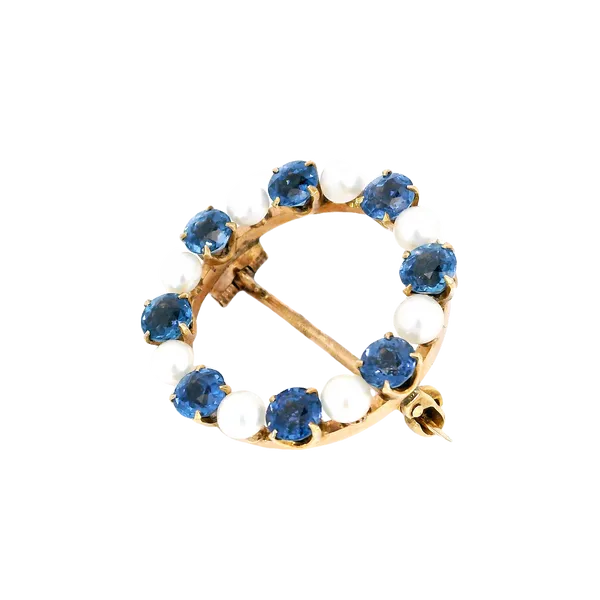 14K Yellow Gold Sapphire & Cultured Pearl Wreath Brooch Image 2 Carroll's Jewelers Fort Lauderdale, FL