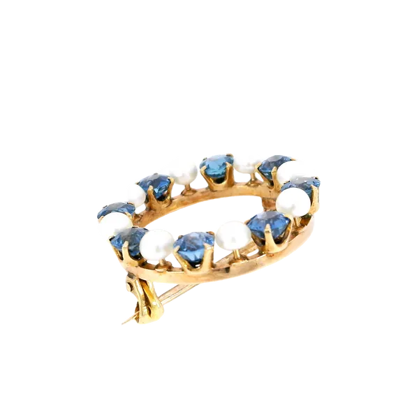 14K Yellow Gold Sapphire & Cultured Pearl Wreath Brooch Image 3 Carroll's Jewelers Fort Lauderdale, FL