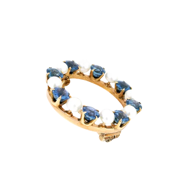14K Yellow Gold Sapphire & Cultured Pearl Wreath Brooch Image 4 Carroll's Jewelers Fort Lauderdale, FL