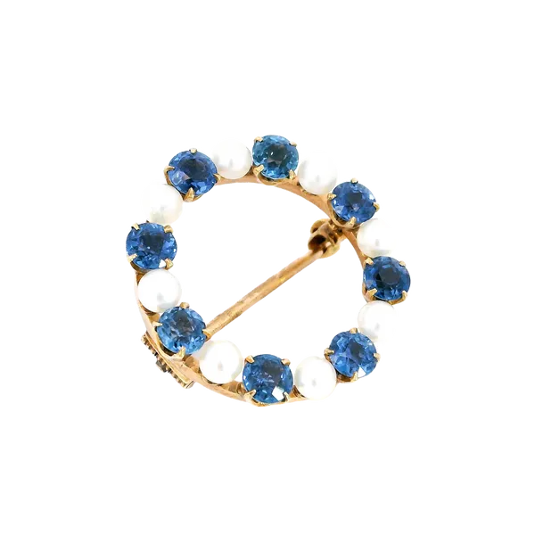 14K Yellow Gold Sapphire & Cultured Pearl Wreath Brooch Carroll's Jewelers Fort Lauderdale, FL