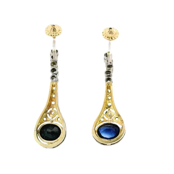 Platinum & 14K Yellow Gold Sapphire & Diamond Drop Earrings Image 3 Carroll's Jewelers Fort Lauderdale, FL