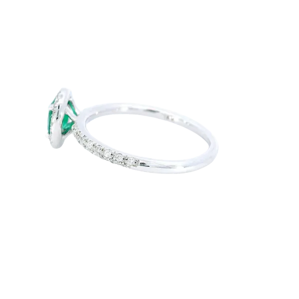 18K White Gold Emerald and Diamond Halo Ring Image 2 Carroll's Jewelers Fort Lauderdale, FL