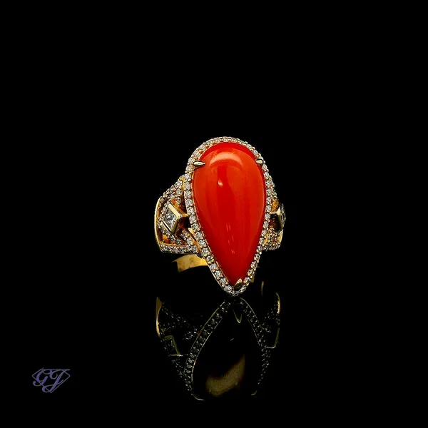 18K Yellow Gold 6.76ct Pear Sardinian Coral Ring Image 2 Geneva Jewelry Riverside, CA