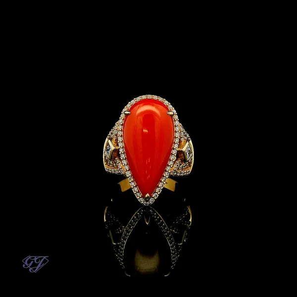 18K Yellow Gold 6.76ct Pear Sardinian Coral Ring Geneva Jewelry Riverside, CA