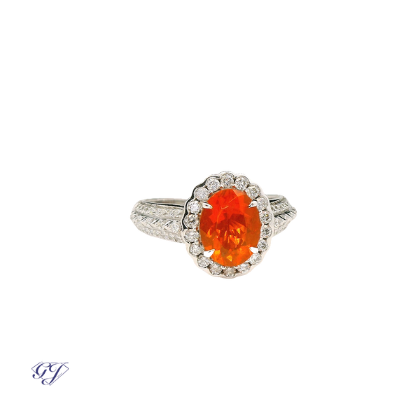 18K Yellow Gold Faceted 1.19ctw Mexican Fire Opal & Diamond Ring Image 2 Geneva Jewelry Riverside, CA