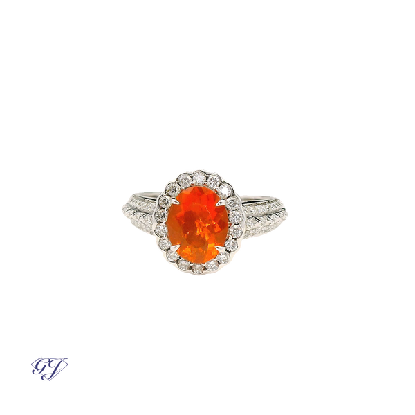 18K Yellow Gold Faceted 1.19ctw Mexican Fire Opal & Diamond Ring Geneva Jewelry Riverside, CA