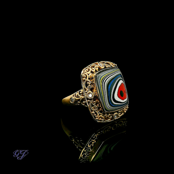 18K Yellow Gold Fordite and Diamond Ring - 2.35ctw Image 2 Geneva Jewelry Riverside, CA