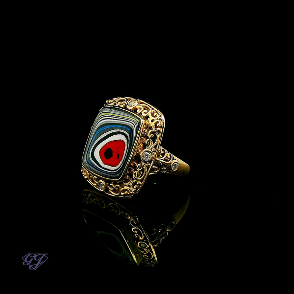 18K Yellow Gold Fordite and Diamond Ring - 2.35ctw Image 3 Geneva Jewelry Riverside, CA