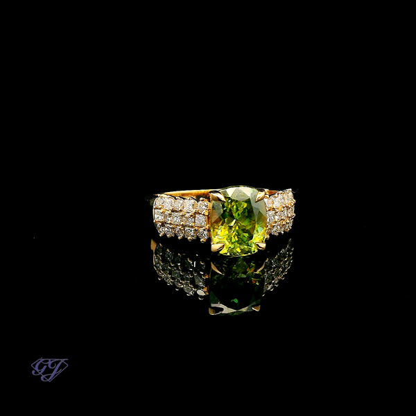 18K Yellow Gold Cushion Cut Sphene & Diamond Ring Image 2 Geneva Jewelry Riverside, CA