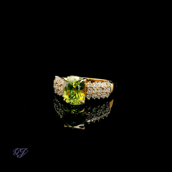 18K Yellow Gold Cushion Cut Sphene & Diamond Ring Image 3 Geneva Jewelry Riverside, CA