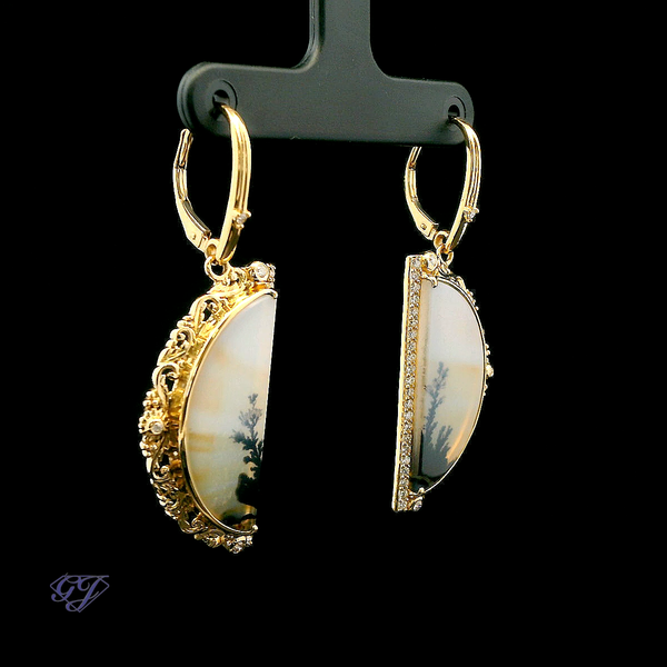18K Yellow Gold Portrait Agate and Diamond Earrings - 11.11ctw Image 2 Geneva Jewelry Riverside, CA