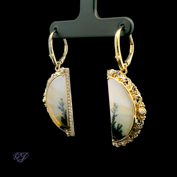 18K Yellow Gold Portrait Agate and Diamond Earrings - 11.11ctw Image 3 Geneva Jewelry Riverside, CA
