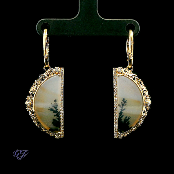 18K Yellow Gold Portrait Agate and Diamond Earrings - 11.11ctw Geneva Jewelry Riverside, CA