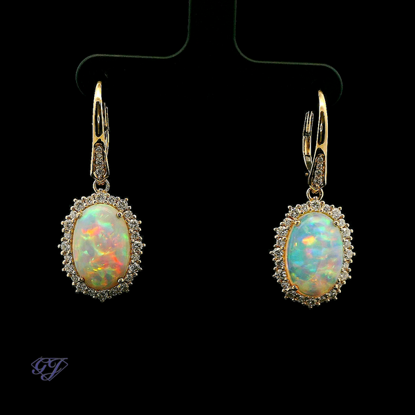 18K Yellow Gold Ethiopian Opal & Diamond Earrings - 6.29ctw Geneva Jewelry Riverside, CA