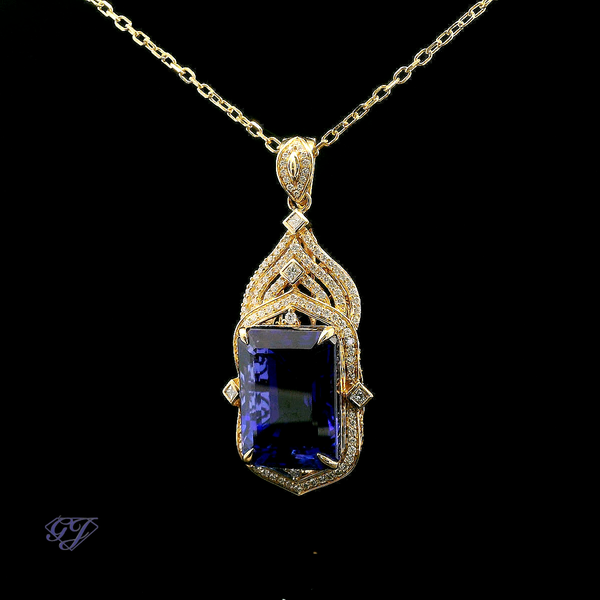 18K Yellow Gold 45.66ctw Natural Tanzanite & Diamond Pendant Image 3 Geneva Jewelry Riverside, CA