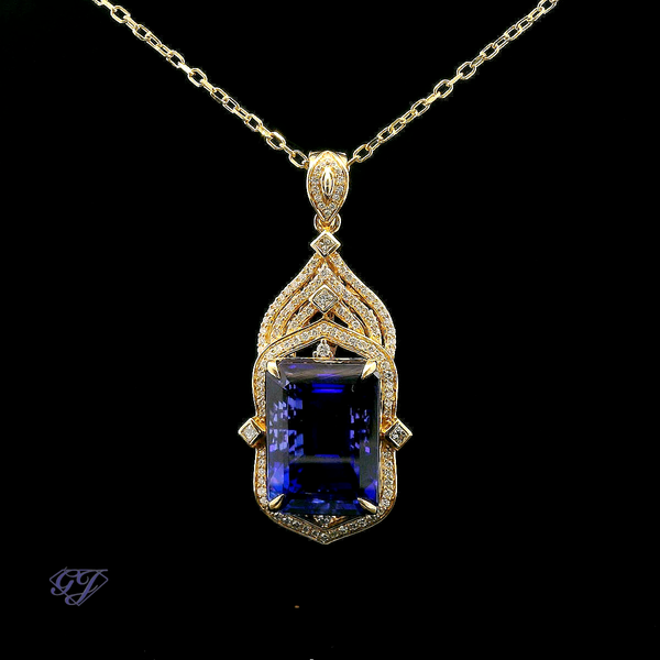 18K Yellow Gold 45.66ctw Natural Tanzanite & Diamond Pendant Geneva Jewelry Riverside, CA