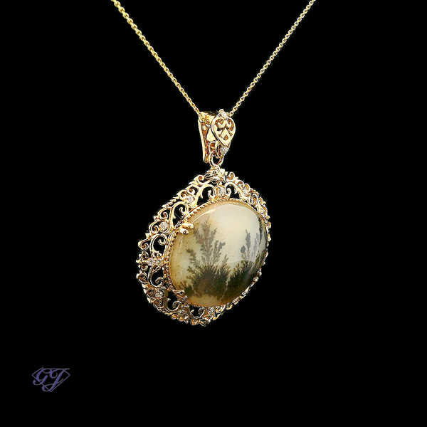 18K Portrait Agate and Diamond Pendant w/Chain - 13.12ctw Image 2 Geneva Jewelry Riverside, CA