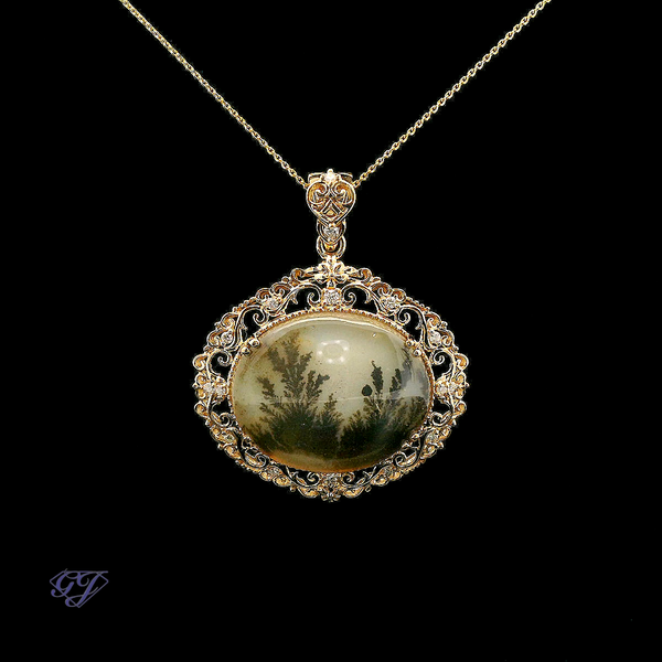 18K Portrait Agate and Diamond Pendant w/Chain - 13.12ctw Geneva Jewelry Riverside, CA