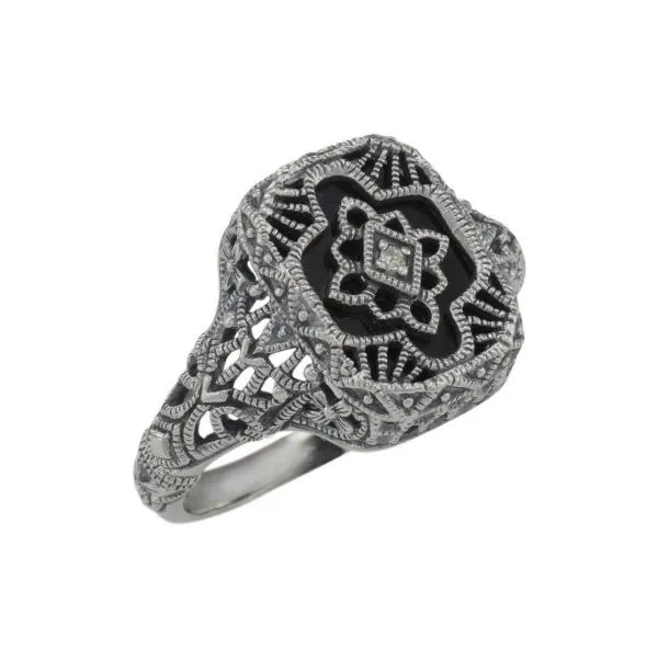 Victorian Style Black Onyx Filigree Diamond Ring George & Company Diamond Jewelers Dickson City, PA