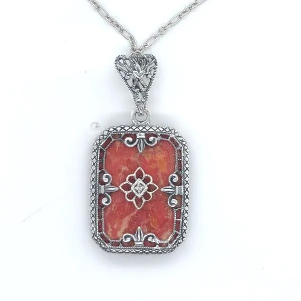 Sterling Silver Fleur De Lis Design Orange Turquoise And Diamond Necklace George & Company Diamond Jewelers Dickson City, PA