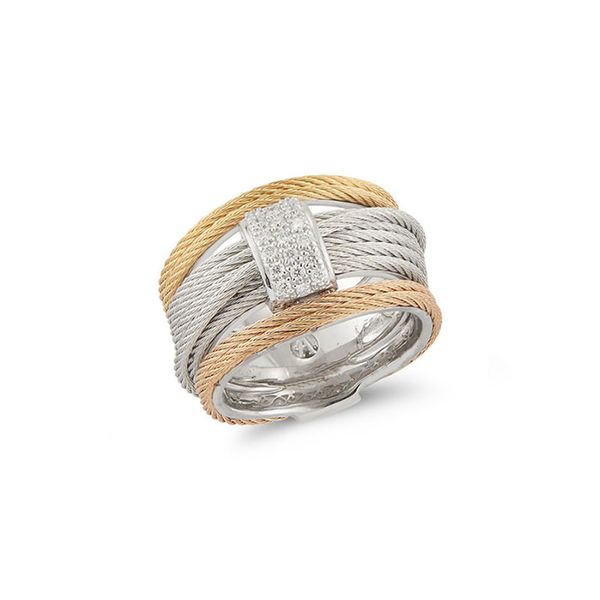 ALOR Rose, Yellow, & Grey Cable Simple Stack Ring with 18kt White Gold & Diamonds George Press Jewelers Livingston, NJ