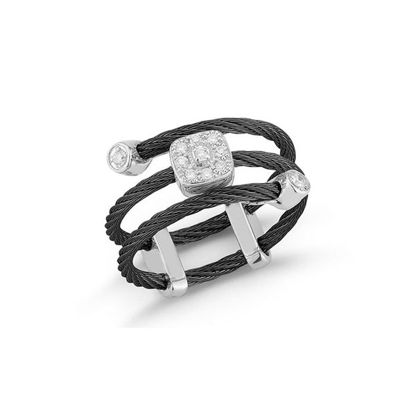 ALOR Black Cable Flex Ring with Diamond Shaped Diamond Station Set in 18kt White Gold George Press Jewelers Livingston, NJ
