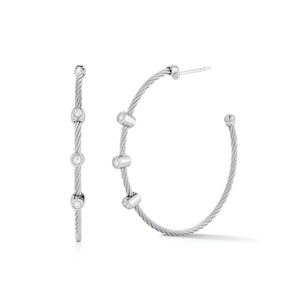 ALOR Grey Cable Hoop Earrings with 18kt White Gold & Triple Diamond Station George Press Jewelers Livingston, NJ