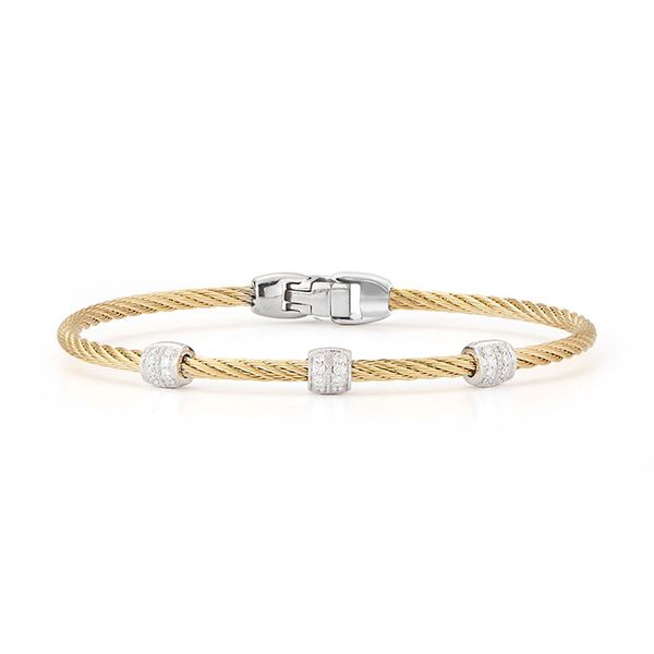 ALOR Yellow Cable Triple Barrel Station Stackable Bracelet with 18kt White Gold & Diamonds George Press Jewelers Livingston, NJ