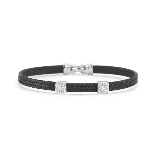 ALOR Black Cable Classic Stackable Bracelet with Double Square Station set in 18kt White Gold George Press Jewelers Livingston, NJ