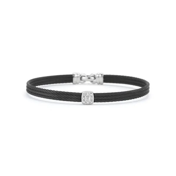ALOR Black Cable Classic Stackable Bracelet with Single Square Station set in 18kt White Gold George Press Jewelers Livingston, NJ